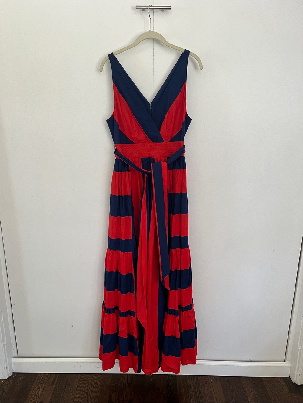 J. Crew Sleeveless Navy & Red Striped V-Neck Maxi Dress